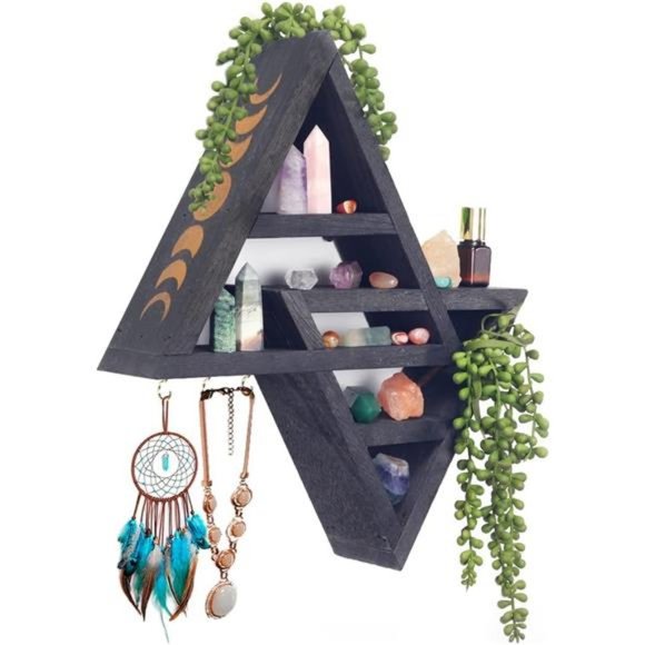 Moon Phase Triangle Shelf with Hooks - Rustic Moon Shelf for Crystals- Black - Picture 1 of 7